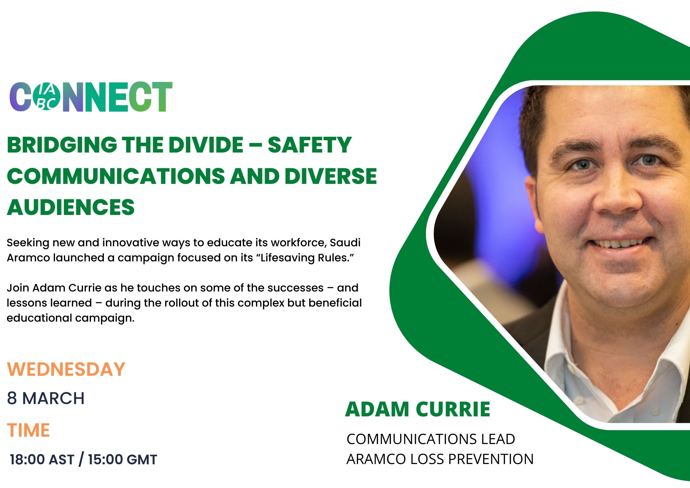 Flyer for Adam Currie's IABC Connect event in March 2023