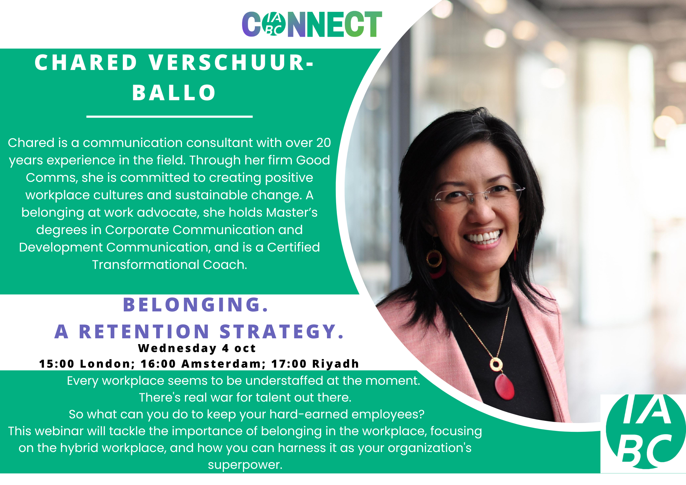 Details of the IABC connect event hosted by Chared Verschurr-Ballo
